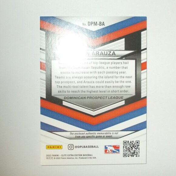 Brian Arauza MATERIAL 2023 Panini Elite Extra Edition Baseball RC Dominican DPL - Picture 2 of 2